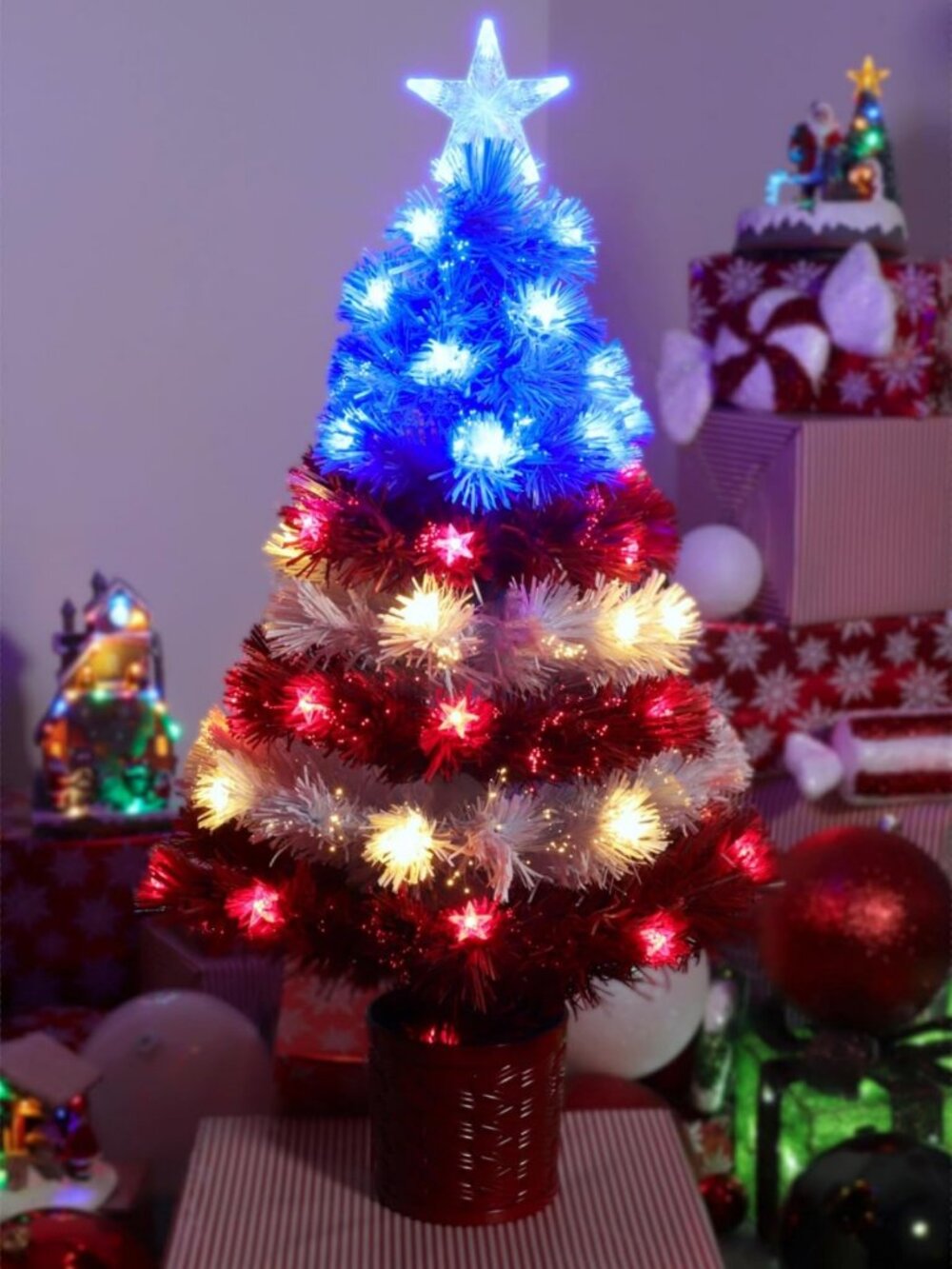 36" LED Fibre Optic American Flag Tree - Red, White & Blue July 4th Decor